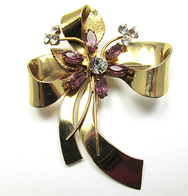 Signed Coro Pegasus Mark Vintage 1940s Rhinestone Floral Bow Pin - Front