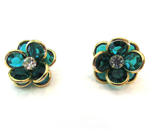 Vintage 1970s Diamante and Green Crystal Floral Button Earrings - Front