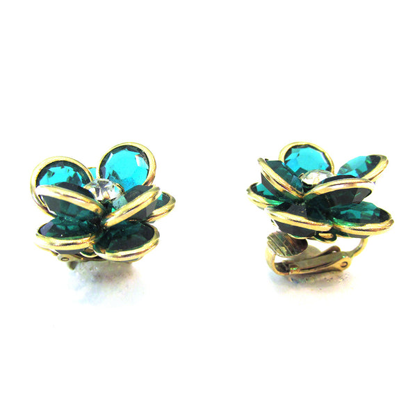 Vintage 1970s Diamante and Green Crystal Floral Button Earrings - Side