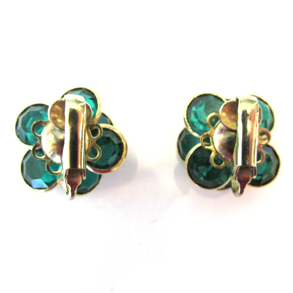 Vintage 1970s Diamante and Green Crystal Floral Button Earrings - Back