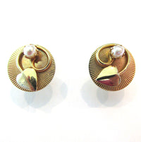 1950s Elegant Vintage Mid-Century Pearl and Leaf Button Earrings - Front - Thumbnail