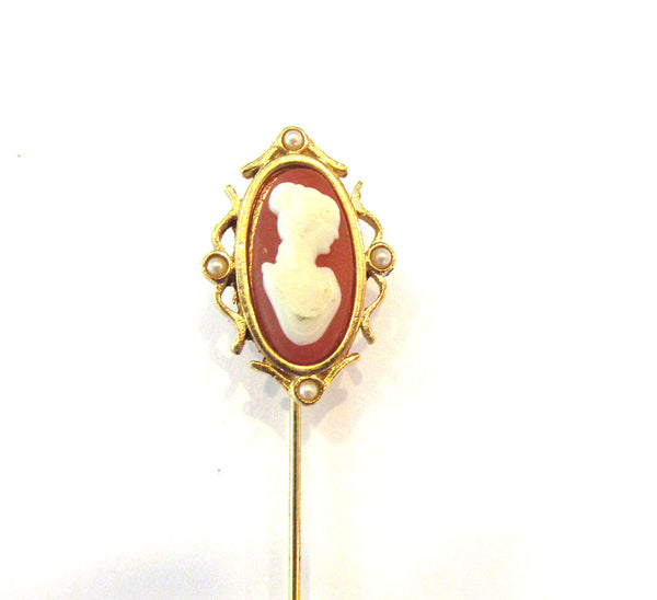 Vintage Avon Signed 1960s Cameo and Pearl Hat/Stick Pin - Close Up