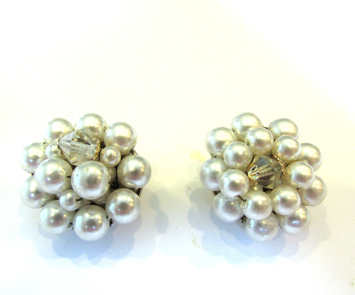 1960s Vintage Japanese Crystal and Pearl Button Earrings - Front