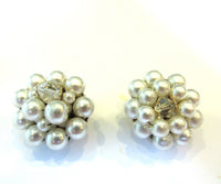 1960s Vintage Japanese Crystal and Pearl Button Earrings - Front - Thumbnail