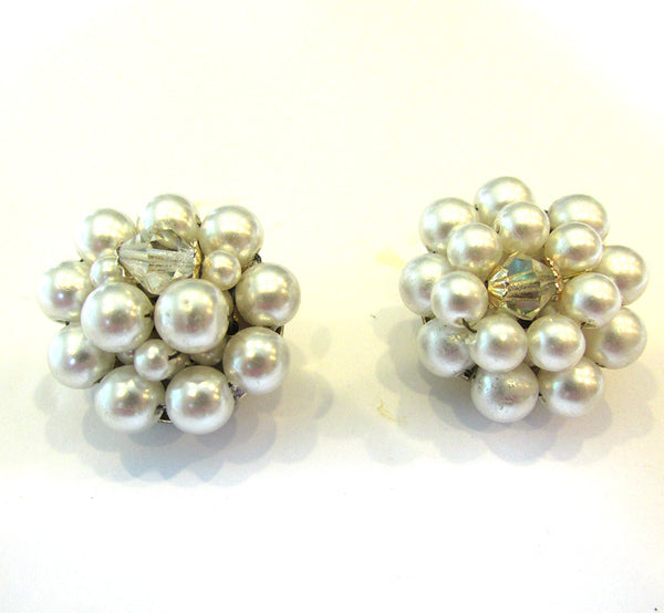 1960s Vintage Japanese Crystal and Pearl Button Earrings - Front