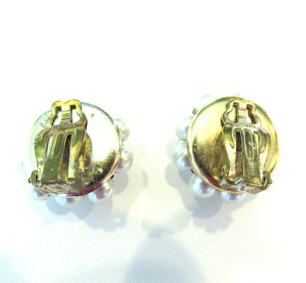 1960s Vintage Japanese Crystal and Pearl Button Earrings - Back