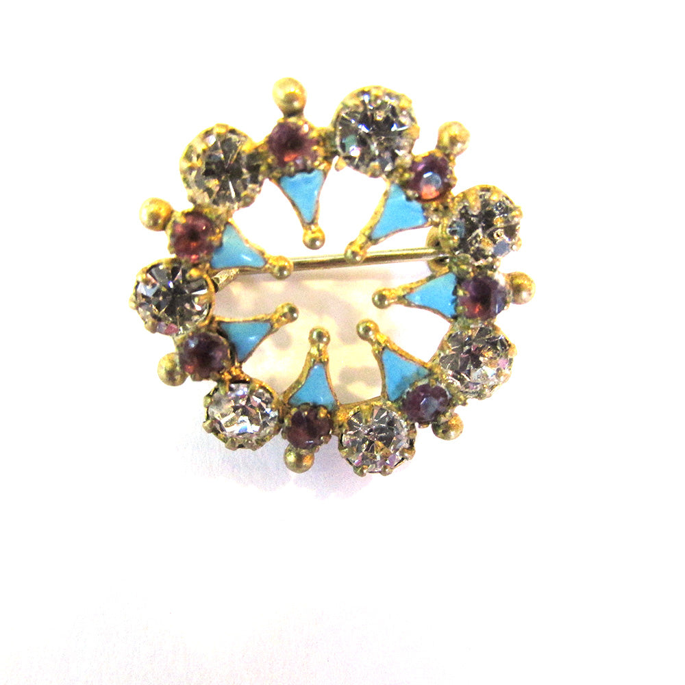 Dainty 1930s Retro Diamante, Brass, and Enamel Circular Pin - Front