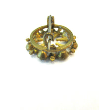 Dainty 1930s Retro Diamante, Brass, and Enamel Circular Pin - Side and Clasp - Thumbnail