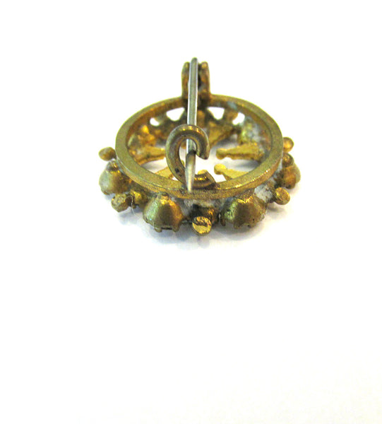 Dainty 1930s Retro Diamante, Brass, and Enamel Circular Pin - Side and Clasp