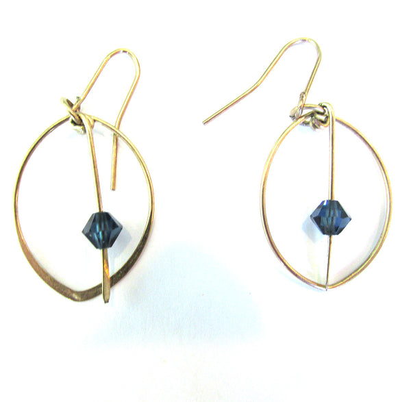 Vintage 1980s Contemporary Style Blue Bead and Gold Drop Earrings - Front