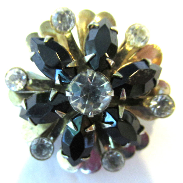 1950s Three-Dimensional Vintage Sparkling Diamante Floral Pin - Front Close Up