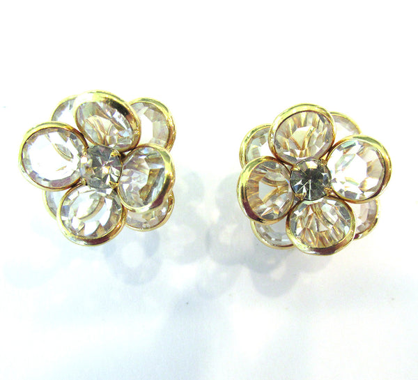 Vintage 1960s Sparkling Diamante and Crystal Floral Earrings - Front