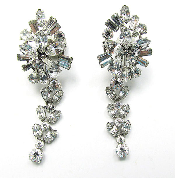 Vintage 1950s Mid-Century Clear Rhinestone Glamour Drop Earrings - Front