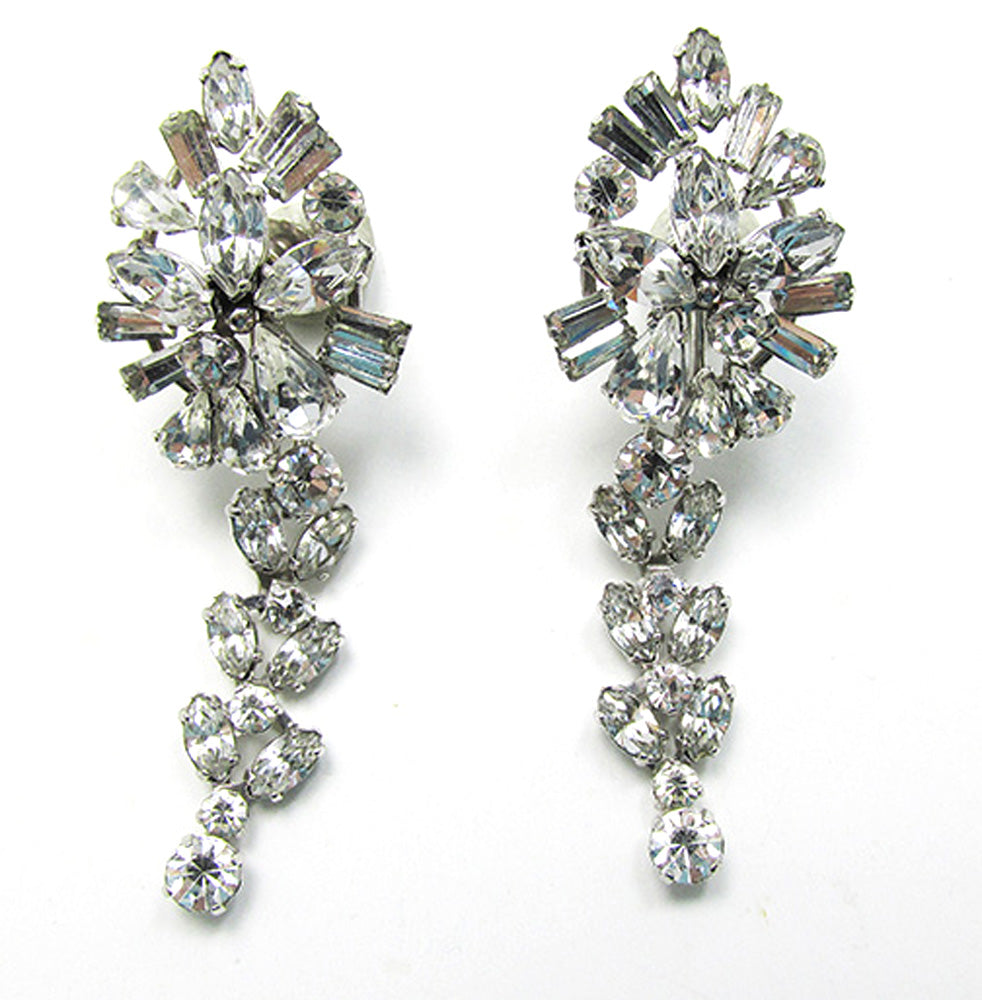 Vintage 1950s Mid-Century Clear Rhinestone Glamour Drop Earrings - Front