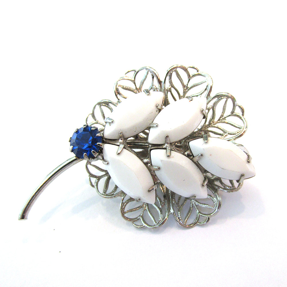 1950s Vintage Distinctive White and Blue Diamante Floral Spray Pin - Front