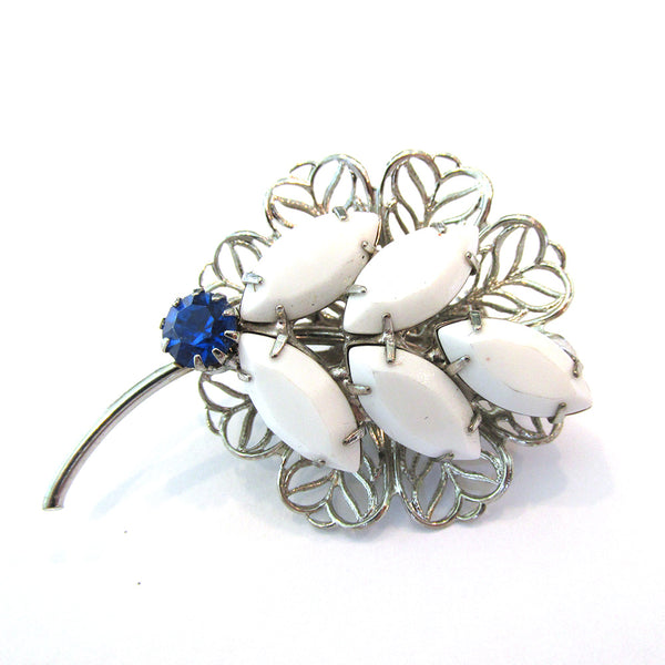 1950s Vintage Distinctive White and Blue Diamante Floral Spray Pin - Front