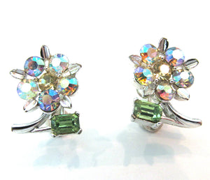 Signed Lisner Vintage 1950s Adorable Aurora Borealis Floral Earrings - Front