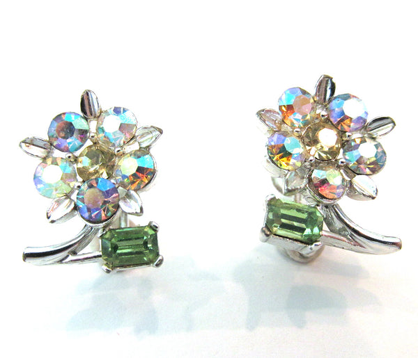Signed Lisner Vintage 1950s Adorable Aurora Borealis Floral Earrings - Front