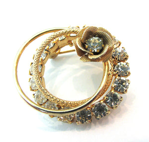 1950s Dainty Vintage Mid-Century Sparkling Diamante Floral Pin - Front