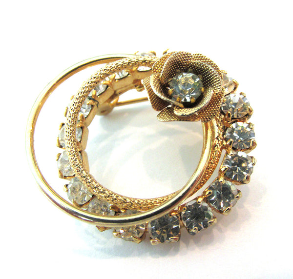 1950s Dainty Vintage Mid-Century Sparkling Diamante Floral Pin - Front