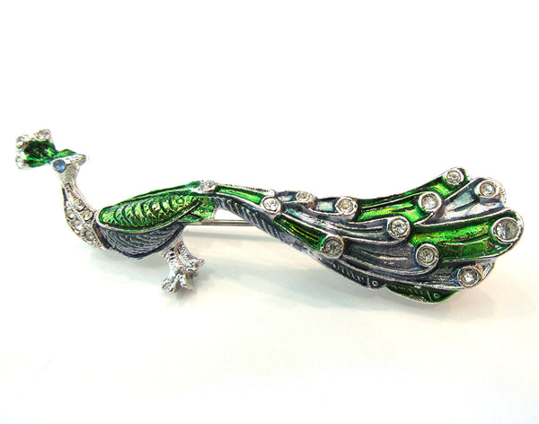Signed Czechoslovakia Vintage 1960s Enameled Diamante Peacock Pin - Front