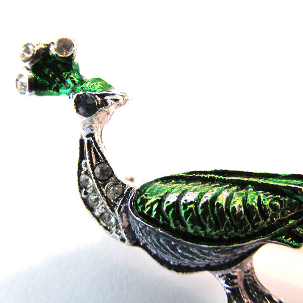 Signed Czechoslovakia Vintage 1960s Enameled Diamante Peacock Pin - Close Up