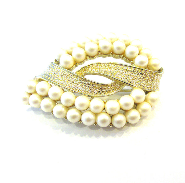 Vintage 1960s Signed Coro Designer Pearl and Gold Pin - Front