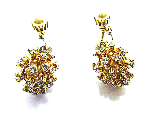Vintage 1950s Mid-Century Rhinestone and Pearl Drop Earrings - Front