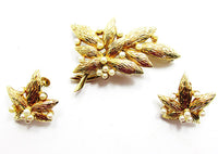 Jomaz 1950s Vintage Jewelry Exquisite Pearl Leaf Pin and Earrings Set - Front - Thumbnail