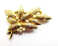 Jomaz 1950s Vintage Jewelry Exquisite Pearl Leaf Pin and Earrings Set - Pin - Thumbnail