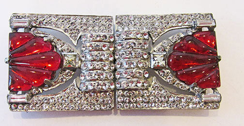 Vintage 1930s Art Deco Clear and Red Rhinestone Belt Buckle - Front