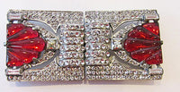 Vintage 1930s Art Deco Clear and Red Rhinestone Belt Buckle - Front - Thumbnail