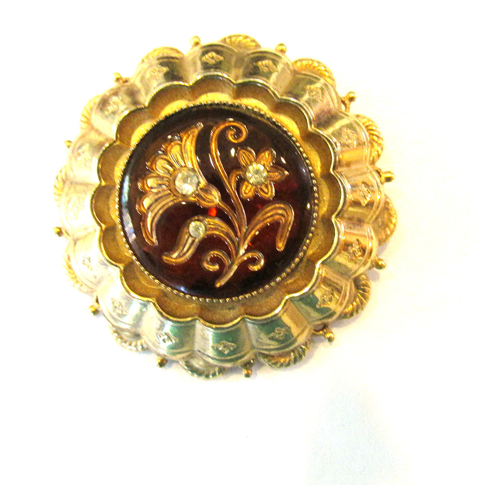 Vintage 1950s Unique Mid-Century Bezel Set Glass Floral Pin - Front