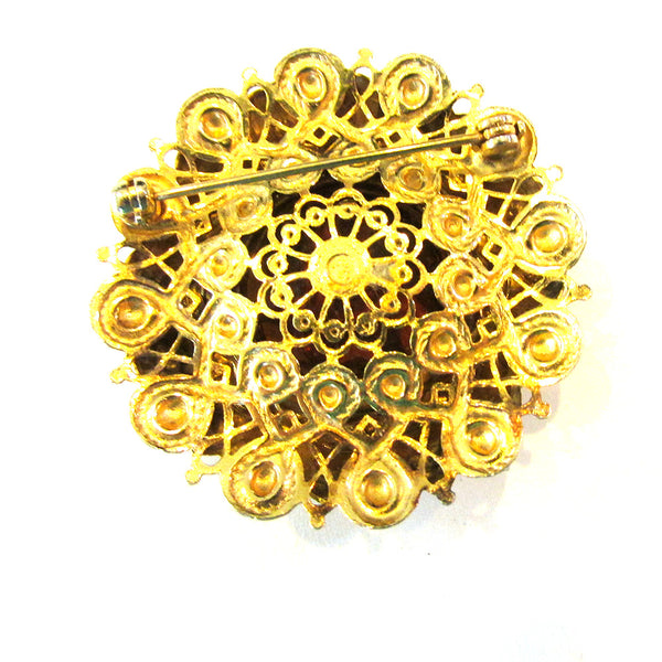 Vintage 1950s Unique Mid-Century Bezel Set Glass Floral Pin - Back