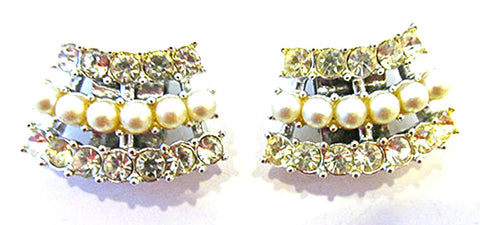Sarah Coventry 1950s Vintage Jewelry Diamante and Pearl Shoe Clips - Front
