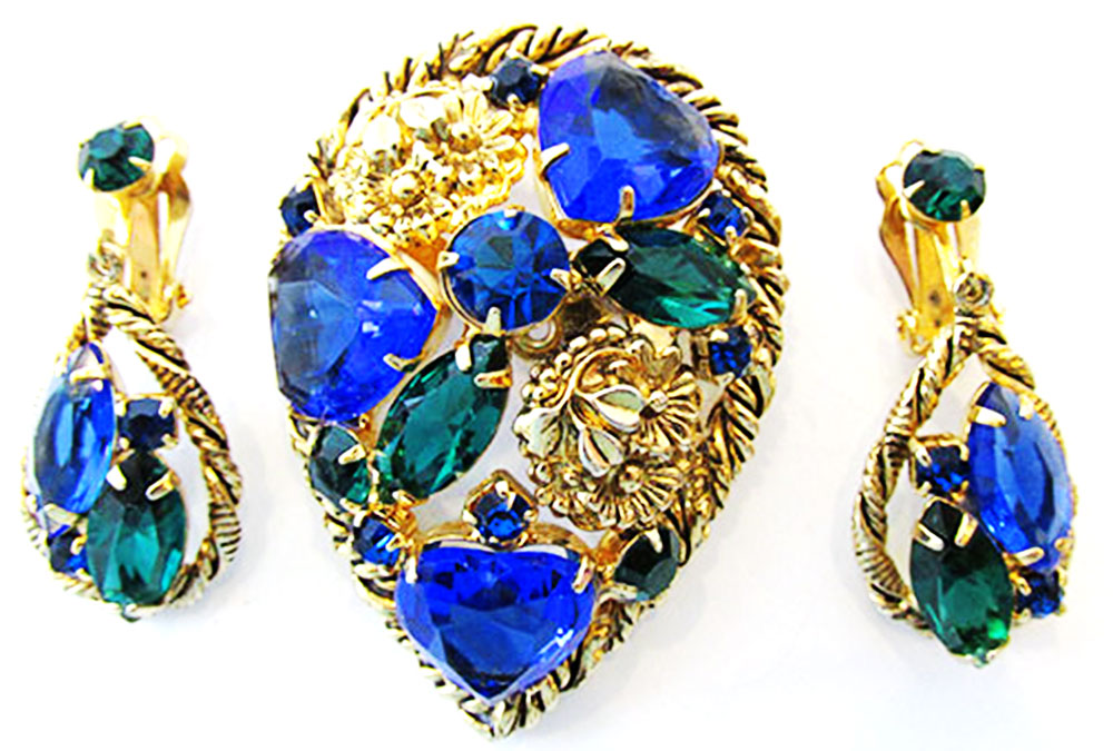 Striking 1950s Vintage Diamante Sapphire and Emerald Pin and Earrings - Front
