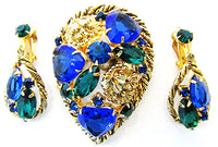 Striking 1950s Vintage Diamante Sapphire and Emerald Pin and Earrings - Front - Thumbnail
