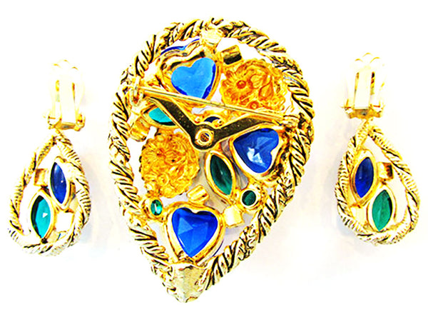 Striking 1950s Vintage Diamante Sapphire and Emerald Pin and Earrings - Back