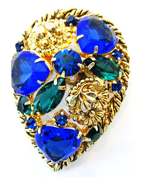 Striking 1950s Vintage Diamante Sapphire and Emerald Pin and Earrings - Pin