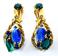 Striking 1950s Vintage Diamante Sapphire and Emerald Pin and Earrings - Earrings - Thumbnail