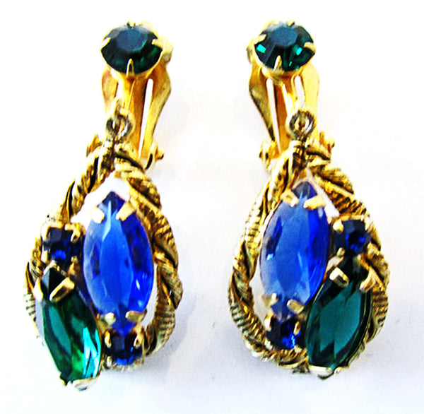 Striking 1950s Vintage Diamante Sapphire and Emerald Pin and Earrings - Earrings