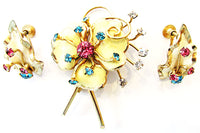 1950s Vintage Jewelry Mid-Century Enamel and Diamante Floral Set - Front - Thumbnail