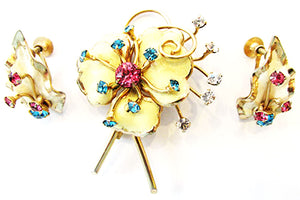 1950s Vintage Jewelry Mid-Century Enamel and Diamante Floral Set - Front