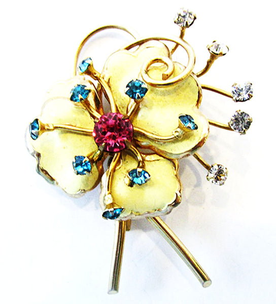1950s Vintage Jewelry Mid-Century Enamel and Diamante Floral Set - Pin