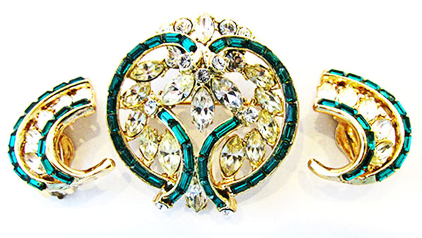 1950s Vintage Costume Jewelry Diamante Floral Pin and Earrings Set - Front