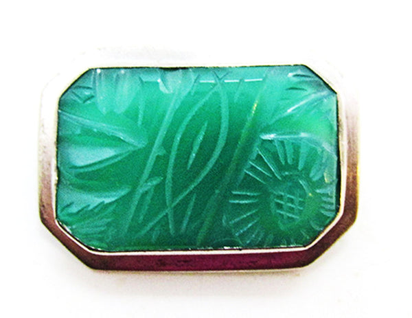 Vintage 1950s Jewelry Striking Sterling and Jade Geometric Pin - Front