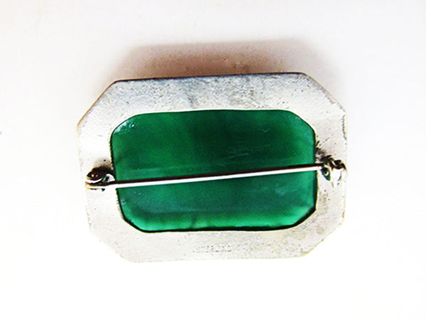 Vintage 1950s Jewelry Striking Sterling and Jade Geometric Pin - Back
