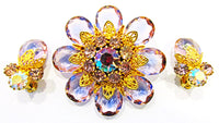 1950s Vintage Costume Jewelry Pink Diamante Floral Pin and Earrings - Front - Thumbnail