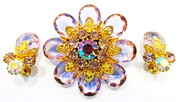 1950s Vintage Costume Jewelry Pink Diamante Floral Pin and Earrings - Front