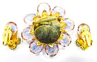 1950s Vintage Costume Jewelry Pink Diamante Floral Pin and Earrings - Back - Thumbnail